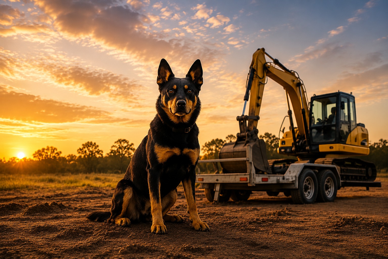 Kelpie dog with earthmoving equipment at sunset — Kelpie Hire WA
